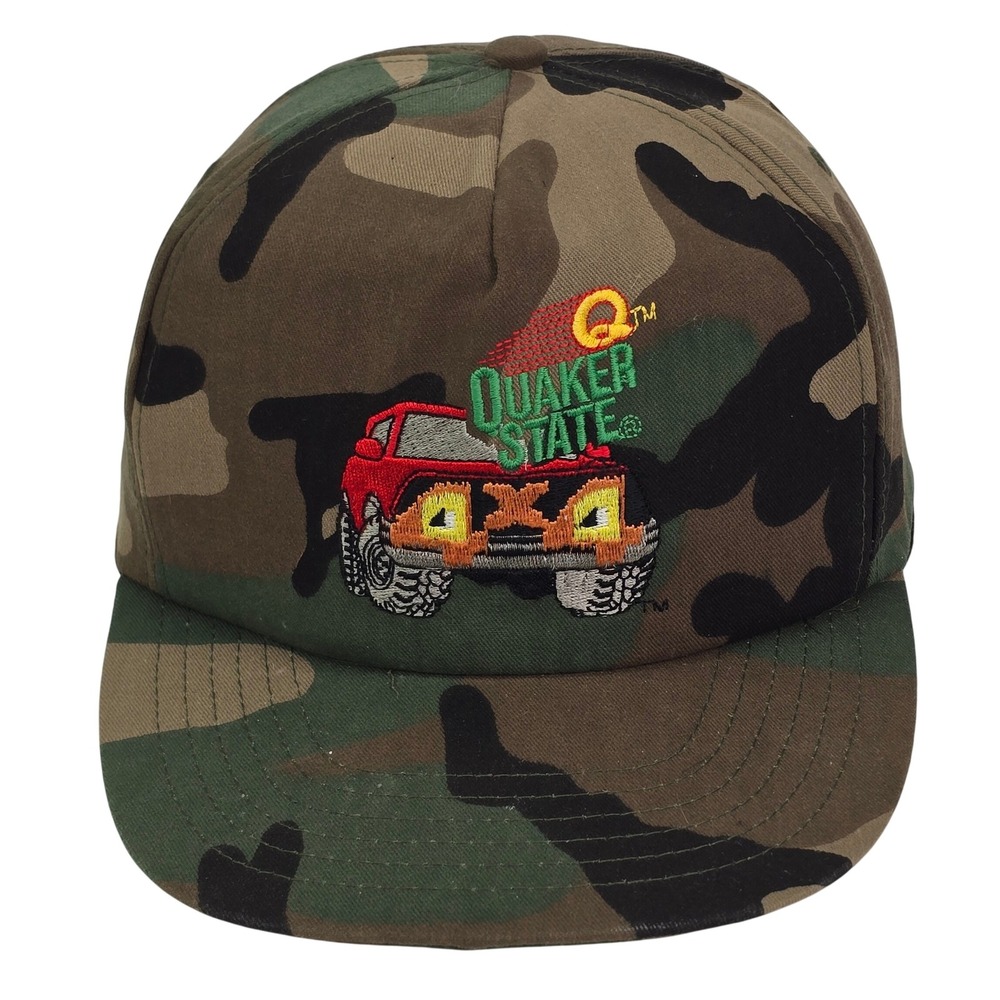 Quaker State 4x4 Truck Camo Snapback Hat OSFA Green Brown Camouflage Vintage